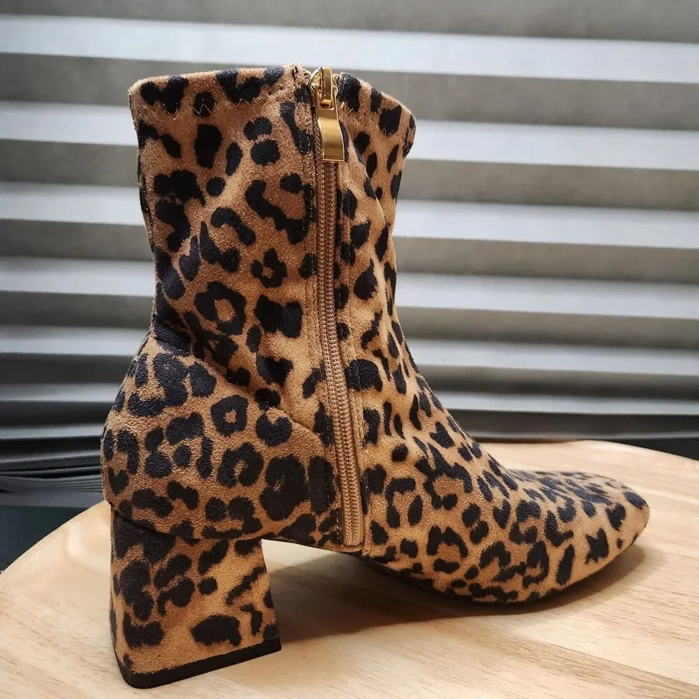 Soda Adena Leopard Print Heeled Ankle Booties Women’s 7.5 Side‑Zip